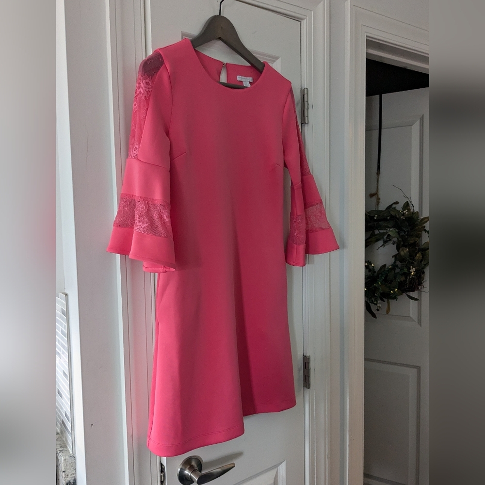 New York & Co stretch dress lace 3/4 sleeve coral xs